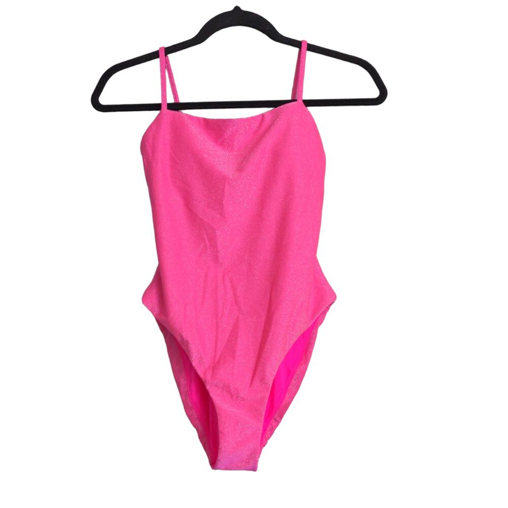 AQUA Swim Shimmer Square Neck One Piece Swimsuit Pop Pink XS